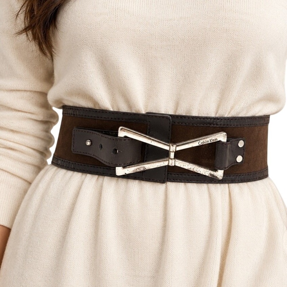 Wide Leather Cinch Waist Belt Brown Calvin Klein Large Silver Geometric Buckle
